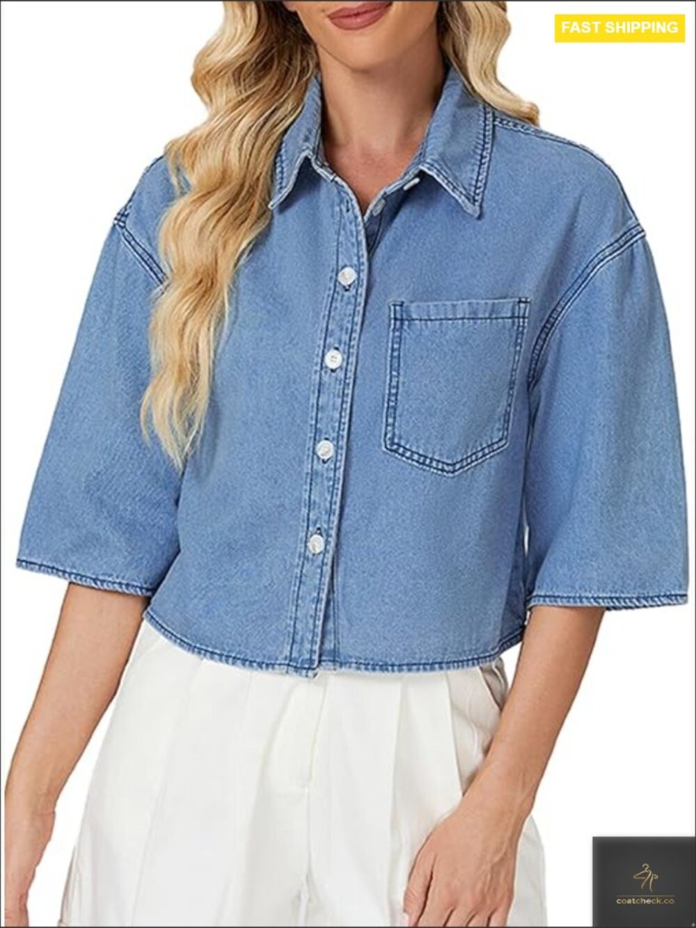 Cropped Denim Jacket Lightweight Casual Classic Fit Button Down Short Sleeve